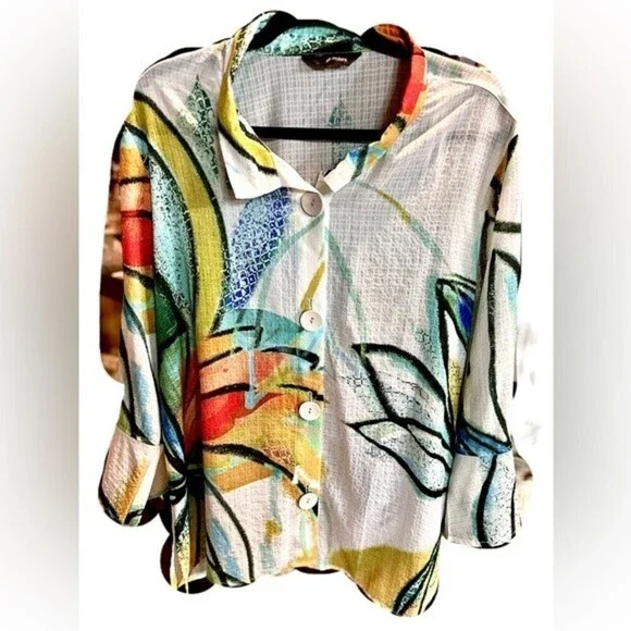 Ali Miles Artsy Graphic Tropical Floral Lightweight Tunic Button Down Top - Picture 5 of 11